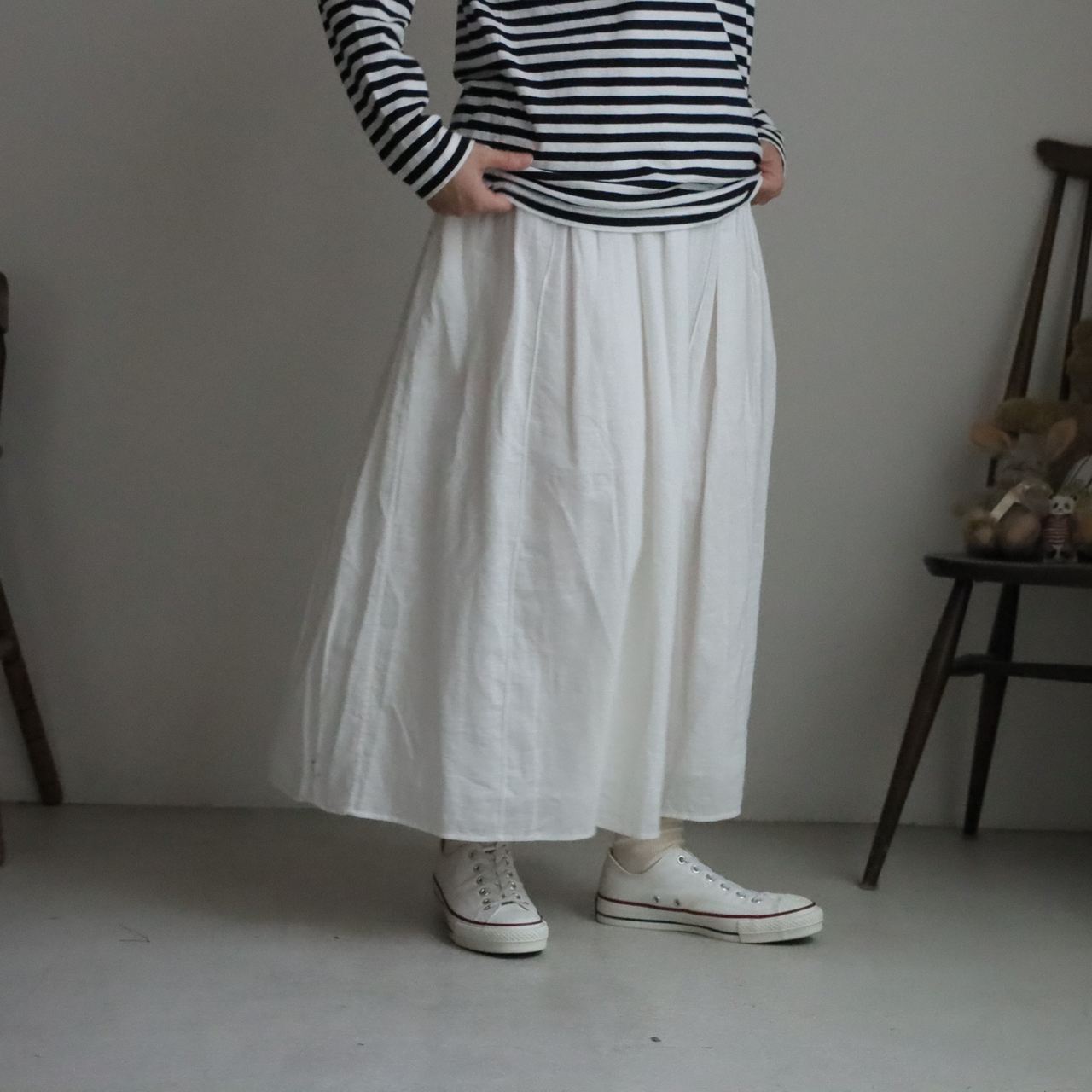 INMDS26705  maison de soil  TWILL COTTON KHADI PLAIN GATHERED SKIRT  2色