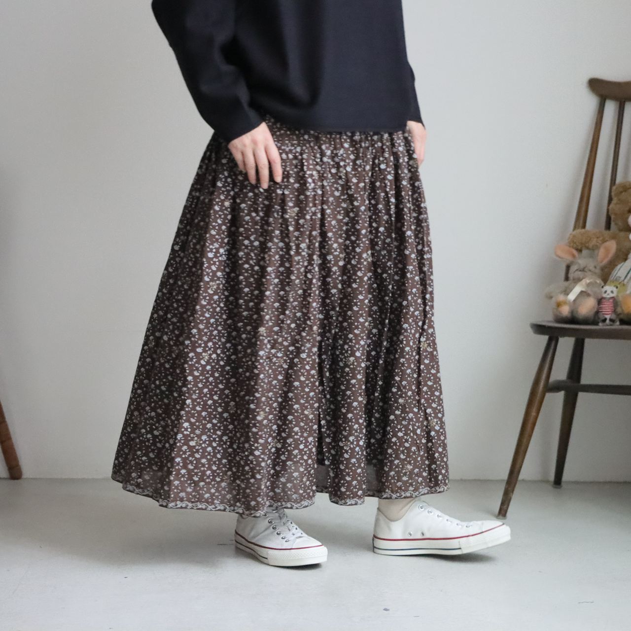 NMDS26545 maison de soil  80s ORGANIC VOILE GENTIANA BLOCK PRINT RAJASTHAN GATHERED SKIRT WITH LINING 2色