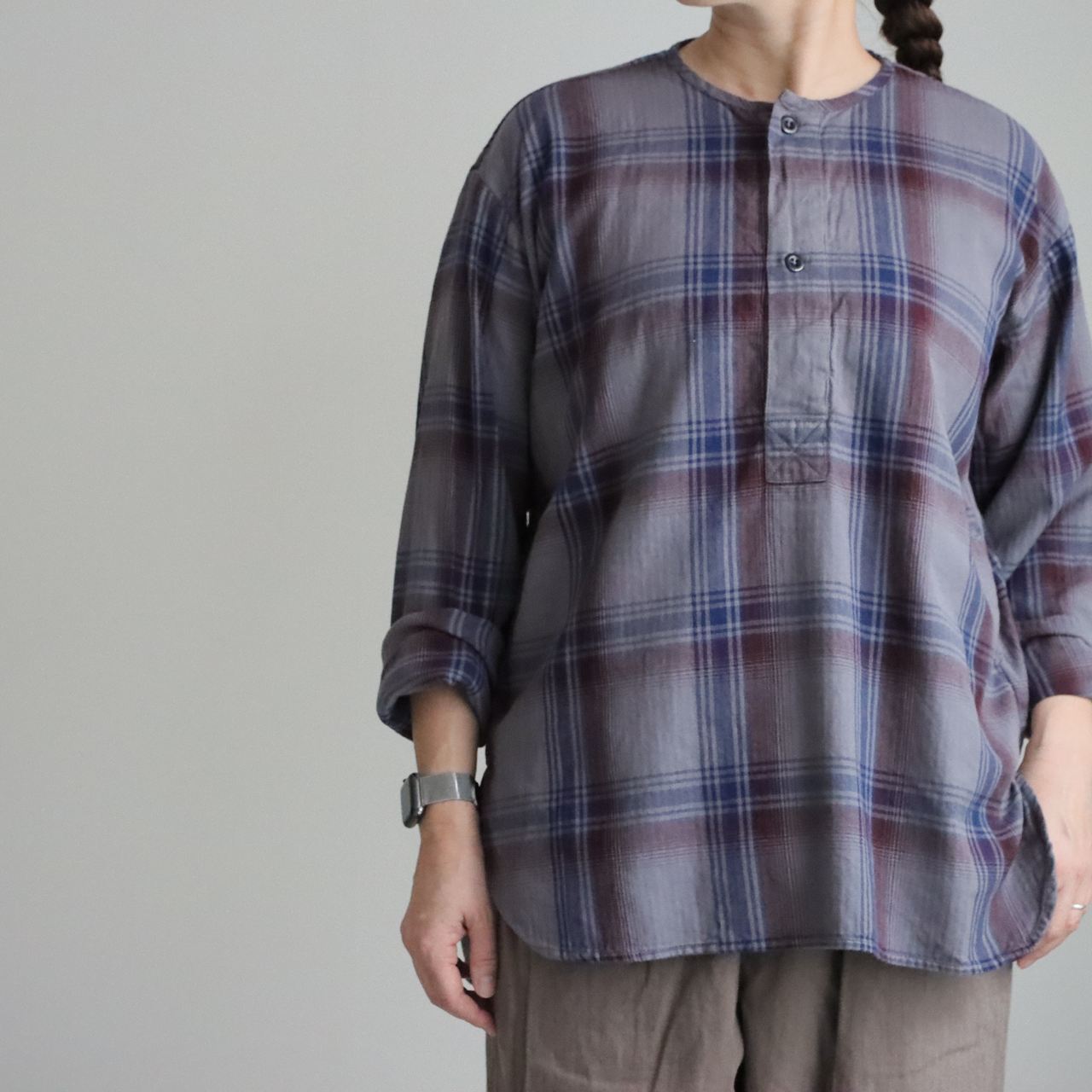 INHT2682CD 　HTS   COTTON CHECK OVERDYE HENLEY NECK SHIRT  ２色