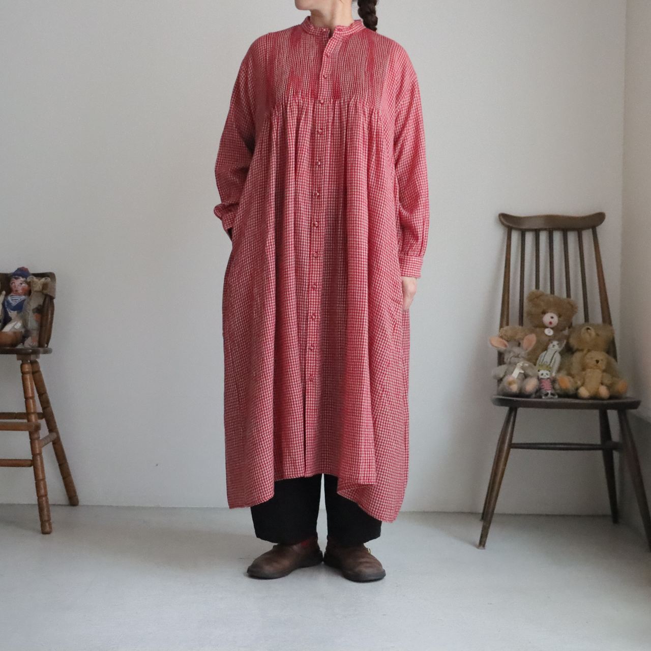 NMDS26584 maison de soil  BOILE WOOL SMALL GINGHAM CHECK MINI PINTUCK BANDED COLLAR SHIRT DRESS 2色