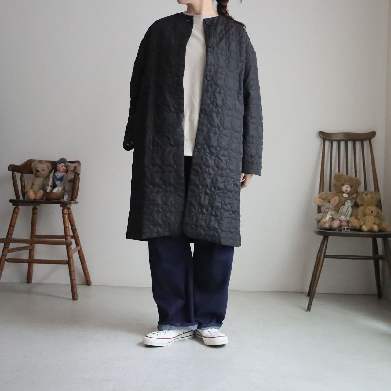 06GF083102 marble SUD  シマエナガキルト コート  BLACK