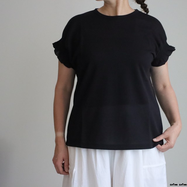 1701CT008261 yuni  強撚C/Ny sheer gather sleeve pullover　クロ