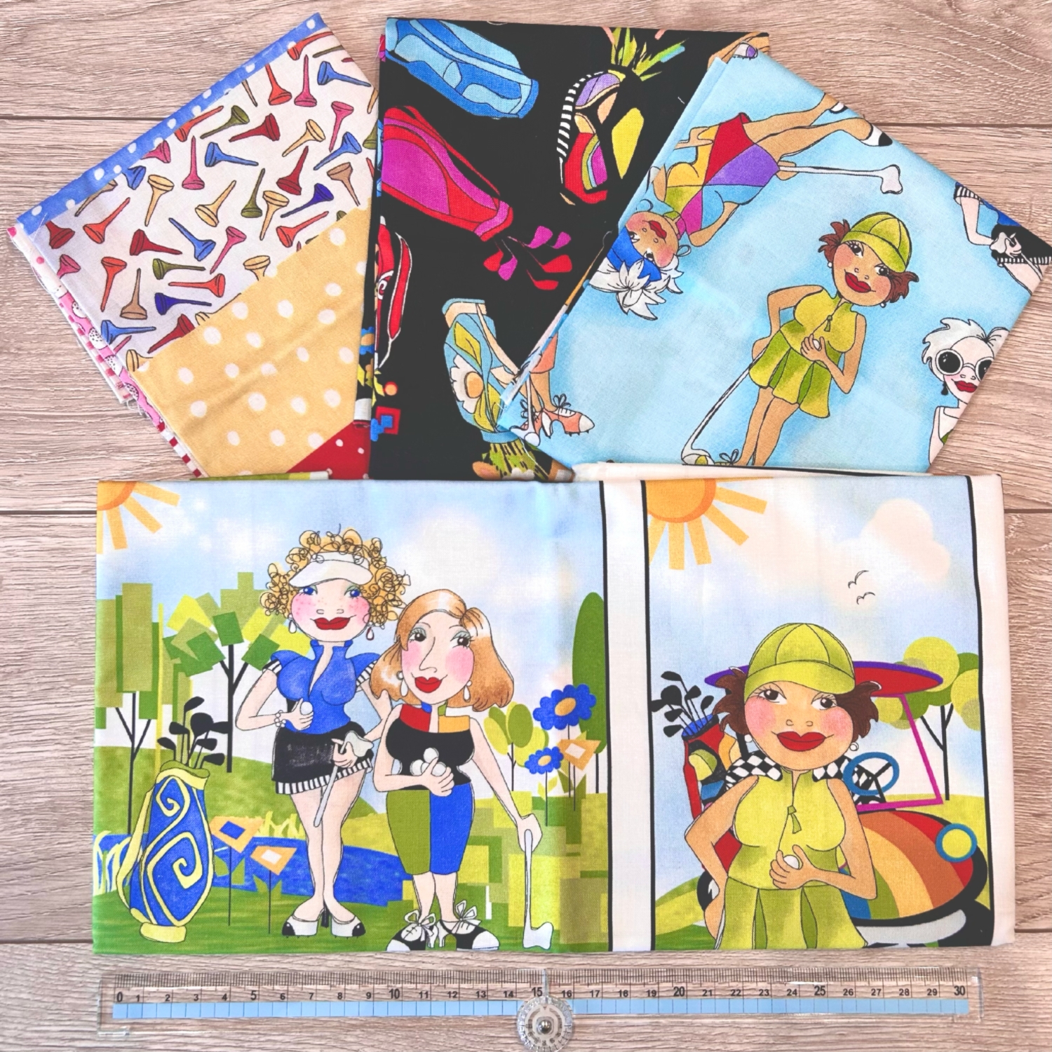 【USAコットン ロラライハリス ゴルフ柄  ストライプ  ドット】50×55cmサイズ3枚と60×110cmサイズ1枚  4枚で通常￥2970→2200円　数量限定のお得なロラライハリス生地4枚セット（COS-014）