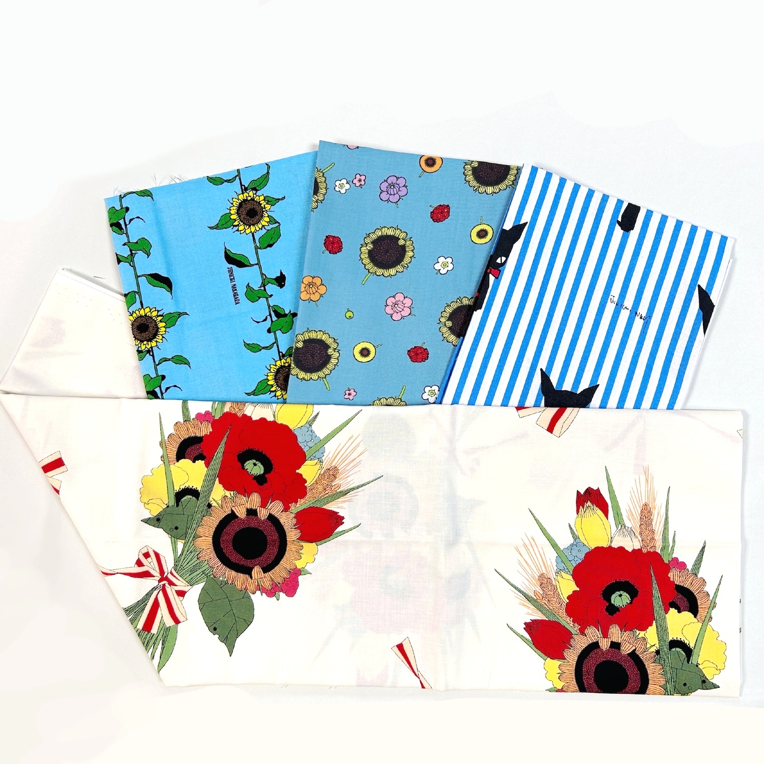 【プライスダウン！】【中原淳一  -ひまわりや-   国産生地  昭和レトロデザイン生地のセット】50×55cmサイズ3枚と50×110cmサイズ1枚　数量限定  花柄 ネコ柄 ストライプ ブルー系（COS-023）