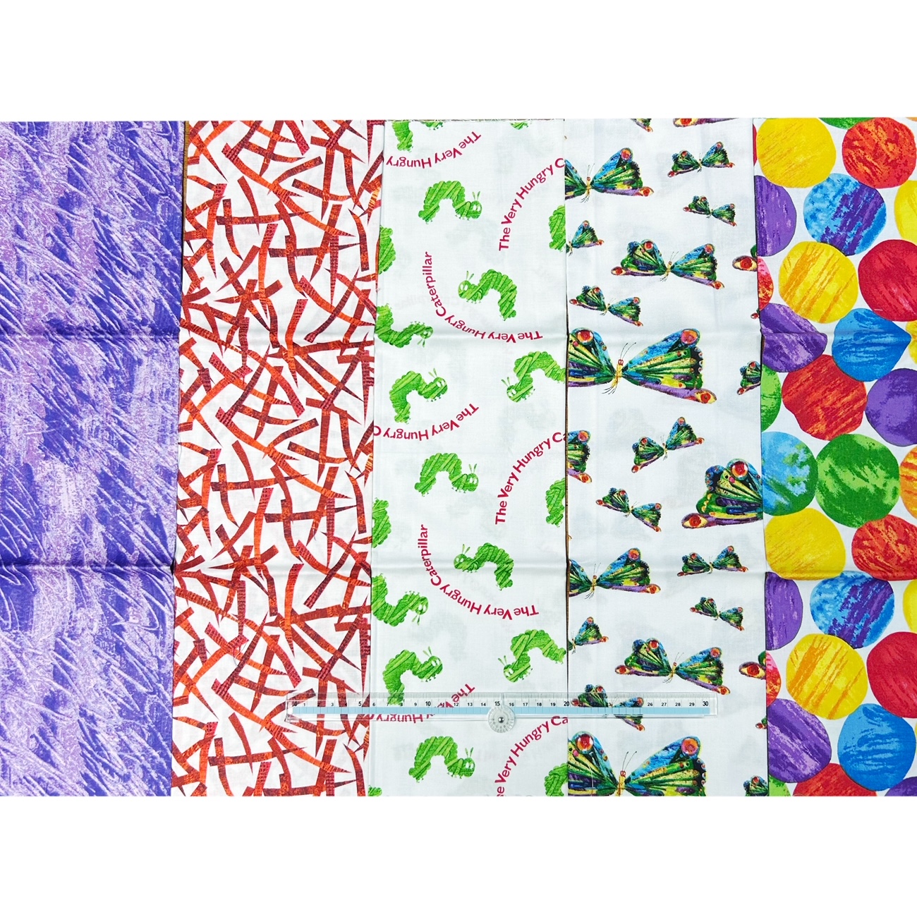 《 はらぺこあおむし著 エリックカールのデザイン生地 》 USAコットン  総柄 ちょうちょ ドット柄  50×55cmサイズ5柄5枚セット 数量限定 (COS-038）