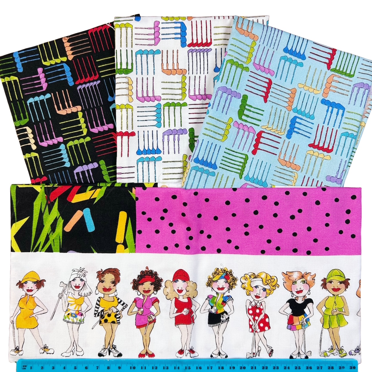 【USAコットン ロラライハリス】 ゴルフ柄  ストライプ  ドット 50×55cmサイズ3枚と60×110cmサイズ1枚  通常￥2970→2200円　数量限定4枚セット（COS-056）