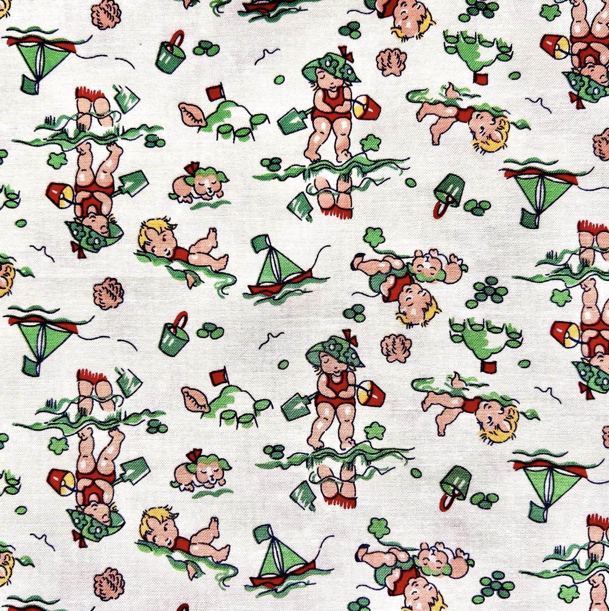 希少生地　USAコットン【サーティーズ（1930年代の復刻版生地）】レトロなベビースイム柄　ホワイト×グリーン系　33×37cm(UTH-235)