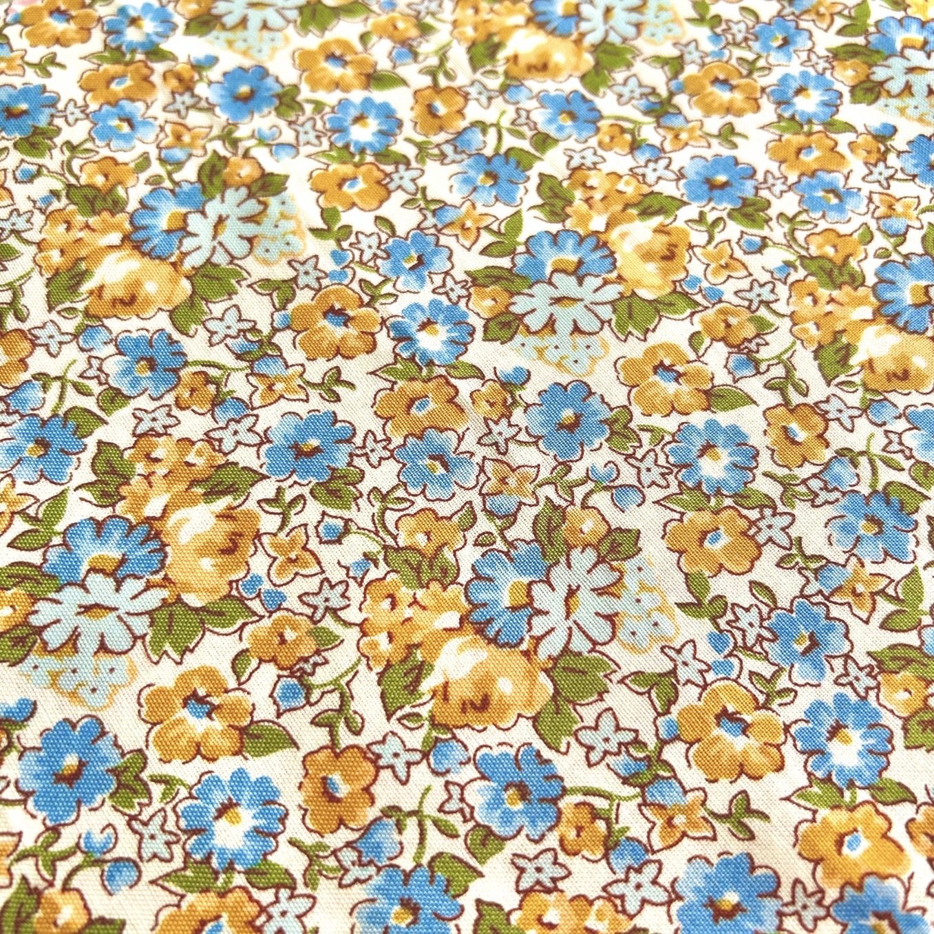 希少生地　USAコットン【サーティーズ（1930年代の復刻版生地）】レトロ柄　花柄　ブルー×イエロー系　50×27cm(UTH-247)