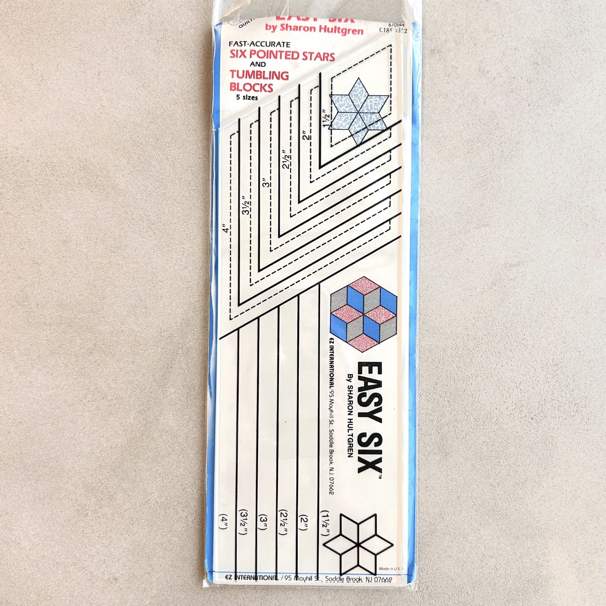 希少 USA製【 EZ Quilting Crafts 】イージーシックス　6ポイントスター  六角星、六芒星/タンブリングブロックテンプレート キルト用定規  キルティング ピースワーク パッケージ上部ダメージあり (NOT-337)