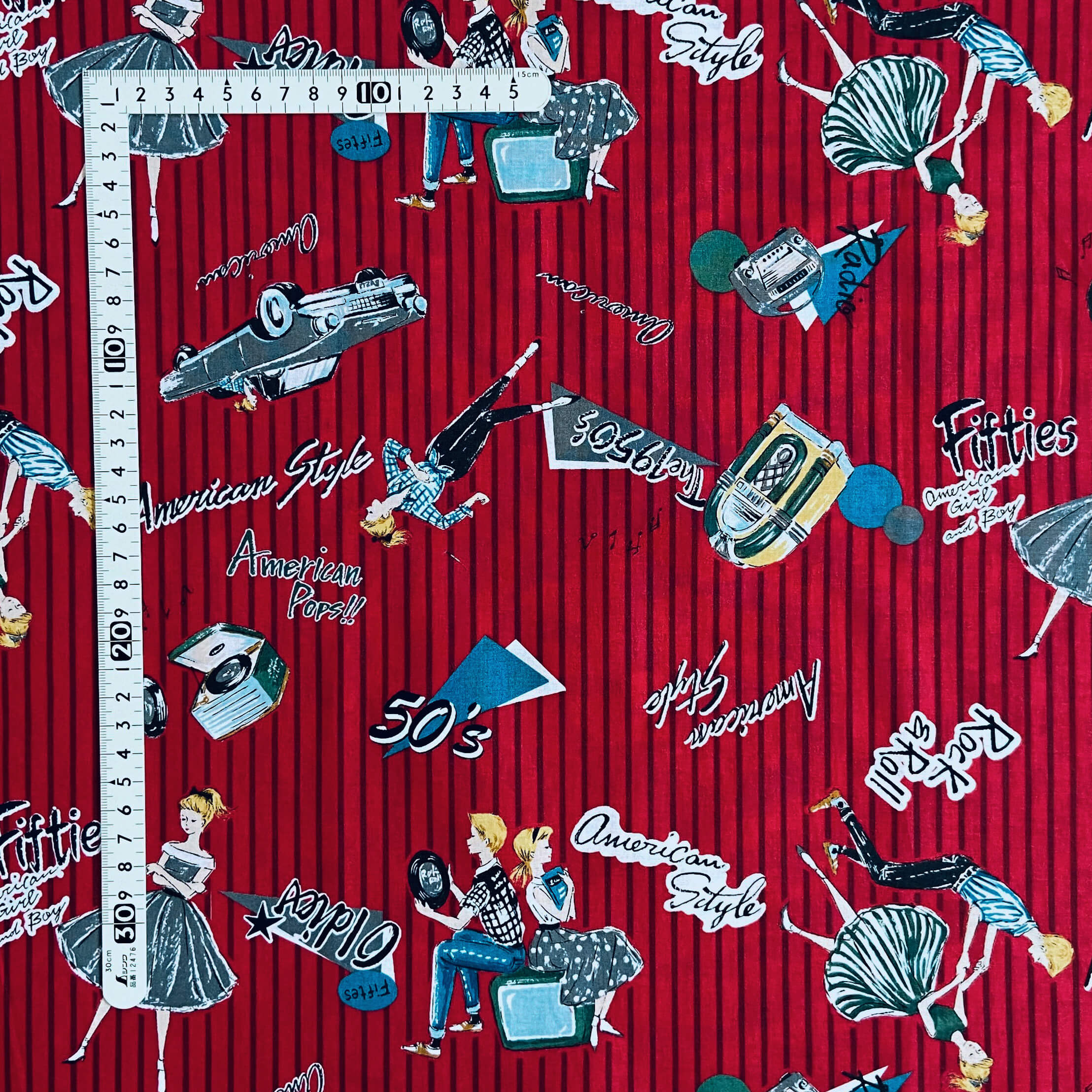 【小関鈴子先生デザインプリント】(JKS-310）ストライプ柄　レトロ　レッド系