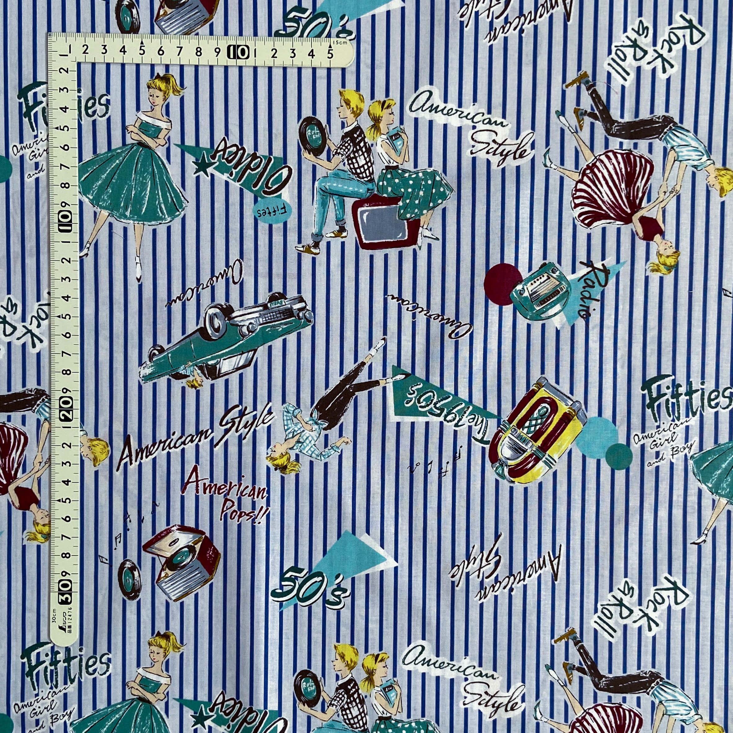 ★在庫わずか【小関鈴子先生デザインプリント】(JKS-313）50'sレトロガール ストライプ柄　ブルーホワイト系
