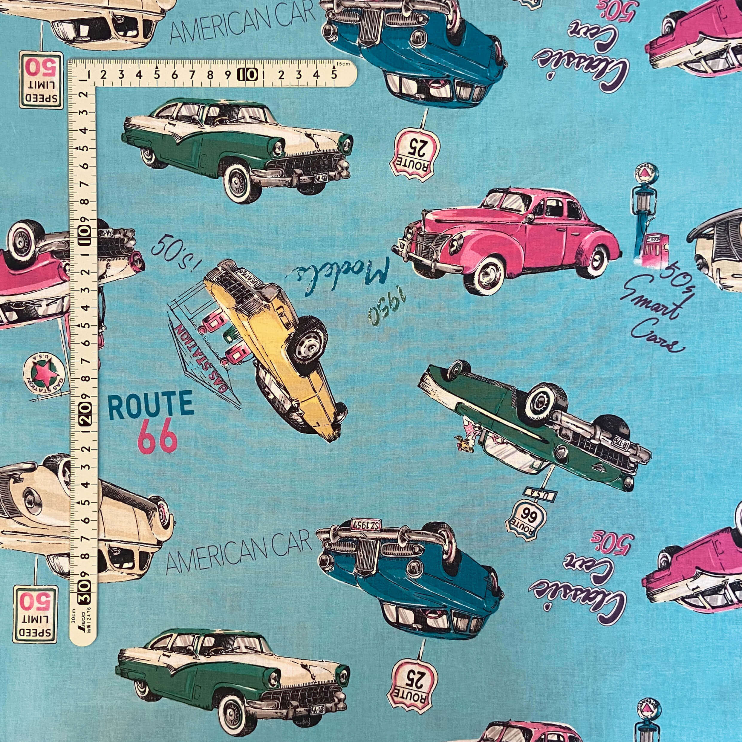 【小関鈴子先生デザインプリント】(JKS-319）レトロカー柄　ブルー系
