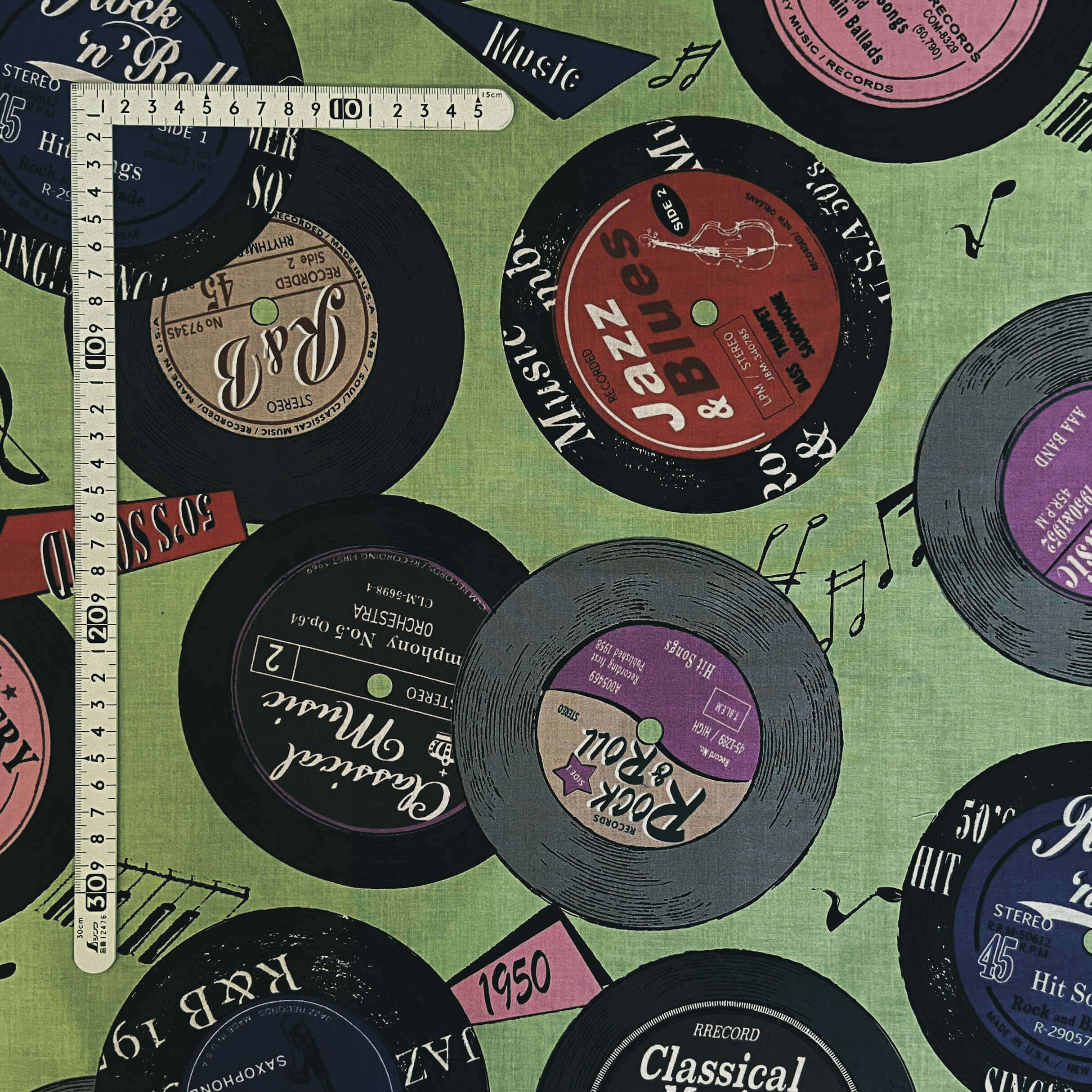 【小関鈴子先生デザインプリント】(JKS-325）グリーン系　　レコード柄