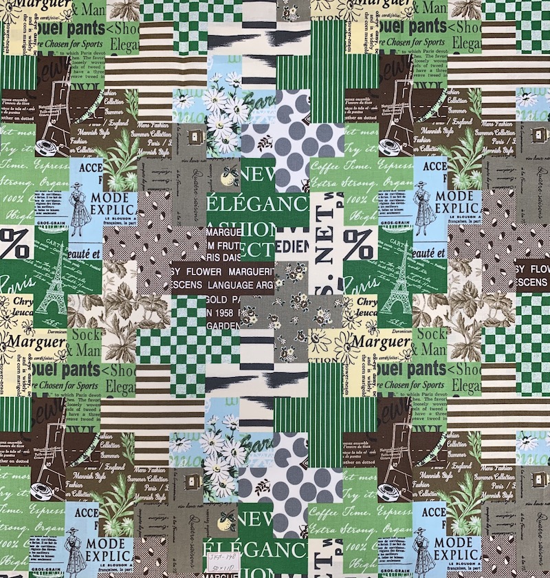 【小関鈴子先生デザインプリント】(JKS-348）　グリーン　英字・幾何柄　ミニサイズカット