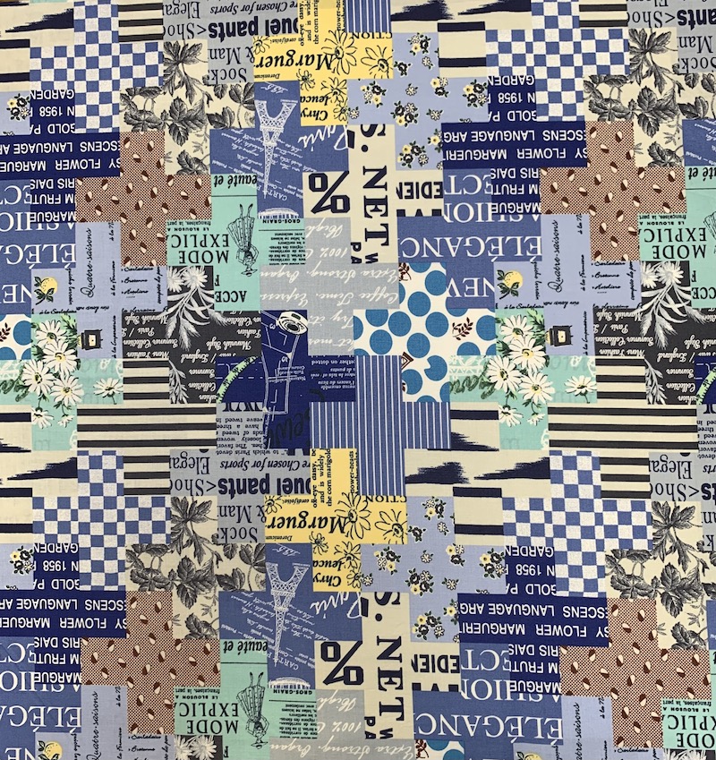 【小関鈴子先生デザインプリント】(JKS-352）ブルー　幾何柄 パッチワーク柄 英字