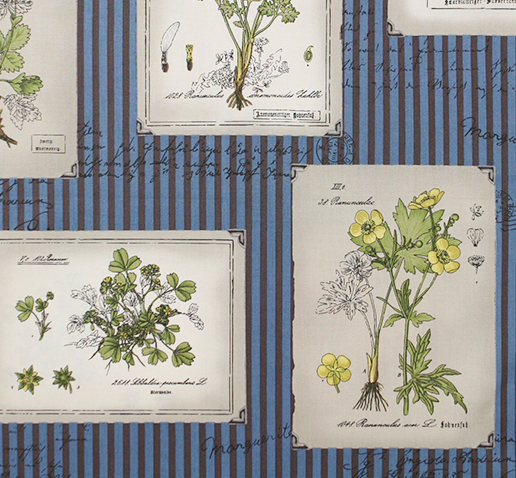 【小関鈴子先生デザインプリント】ストライプ  英字 植物柄  ブルー系 2色展開  ミニサイズカット (JKS-419)