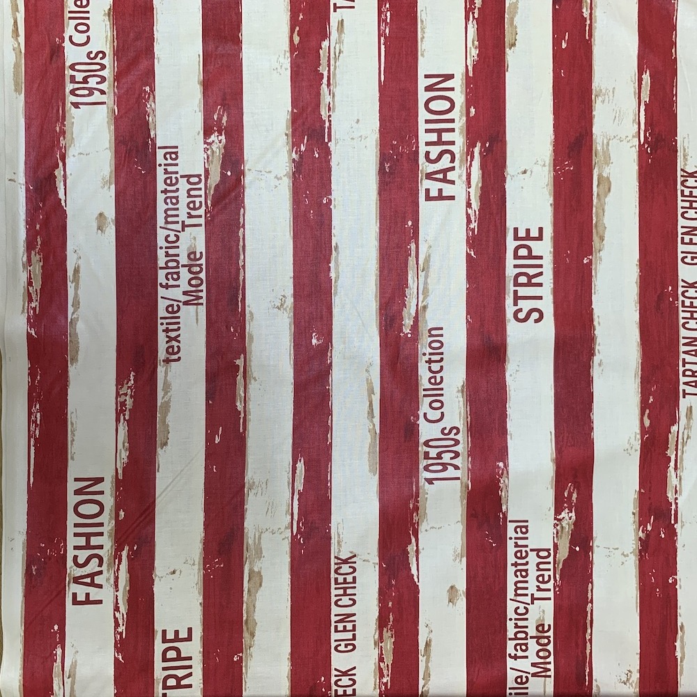 【小関鈴子先生デザインプリント】(JKS-384)レッド・ベージュ　ストライプ・英字柄