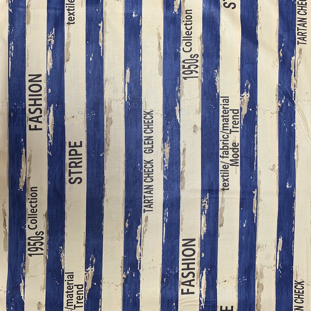 【小関鈴子先生デザインプリント】(JKS-385)ブルー・ベージュ　ストライプ・英字柄