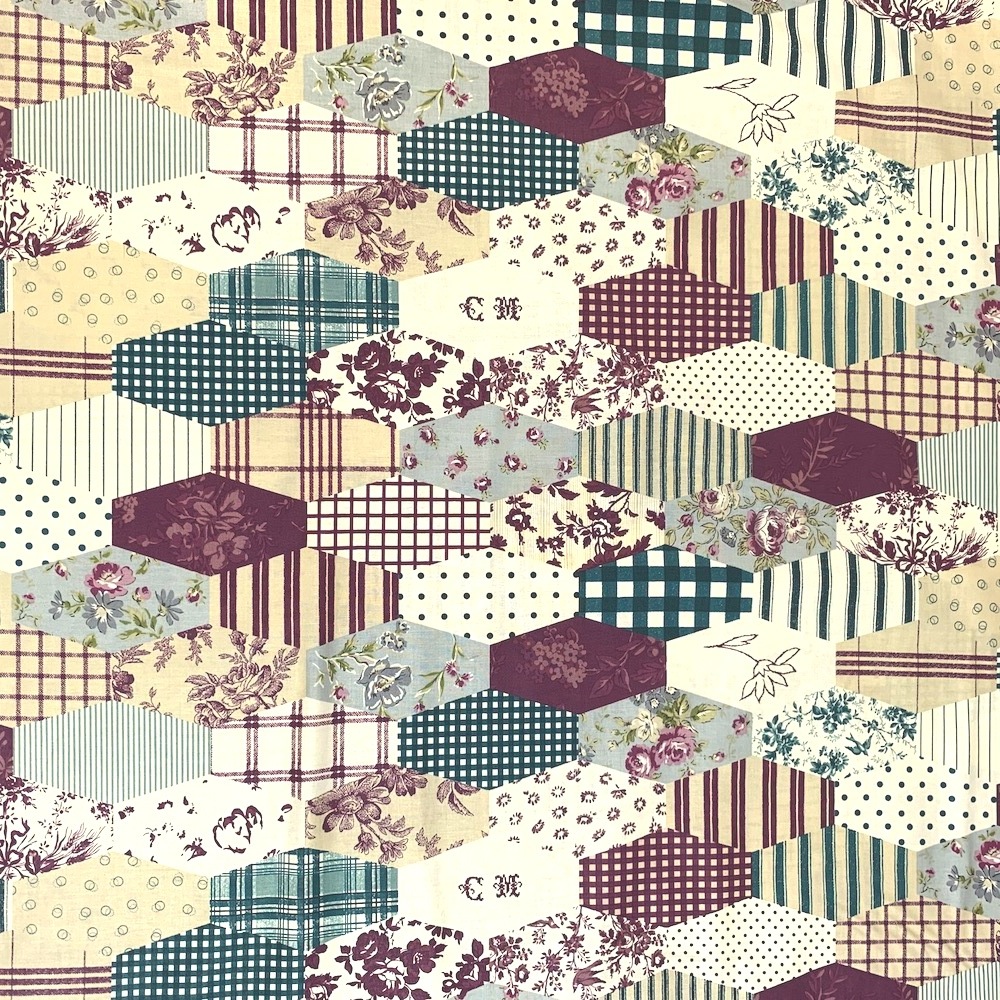 【小関鈴子先生デザインプリント】(JKS-395) レッド・ベージュ・グリーン  チェック柄  花・幾何柄