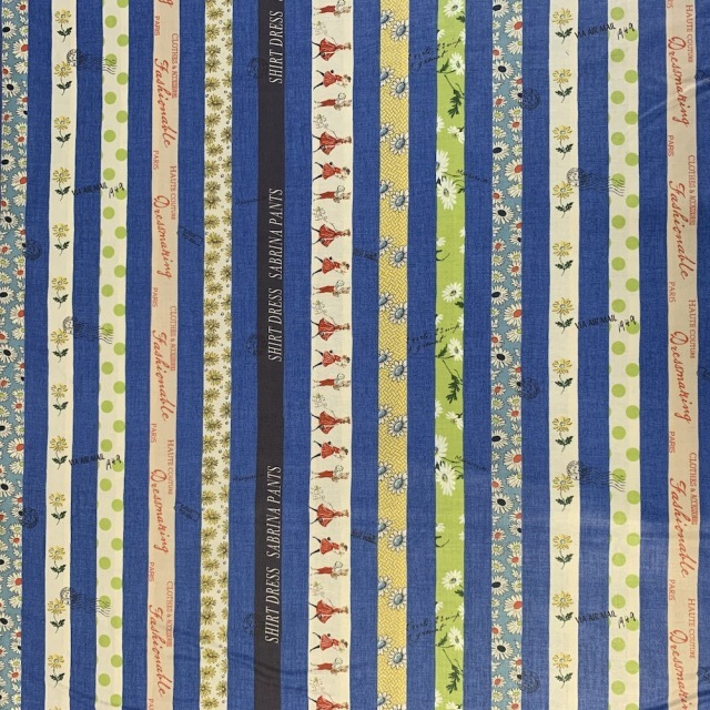 【小関鈴子先生デザインプリント】(JKS-401) ブルー 花・ストライプ柄