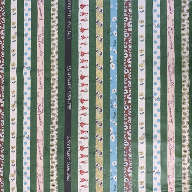 【小関鈴子先生デザインプリント】(JKS-402) グリーン 花・ストライプ柄　ミニサイズカット