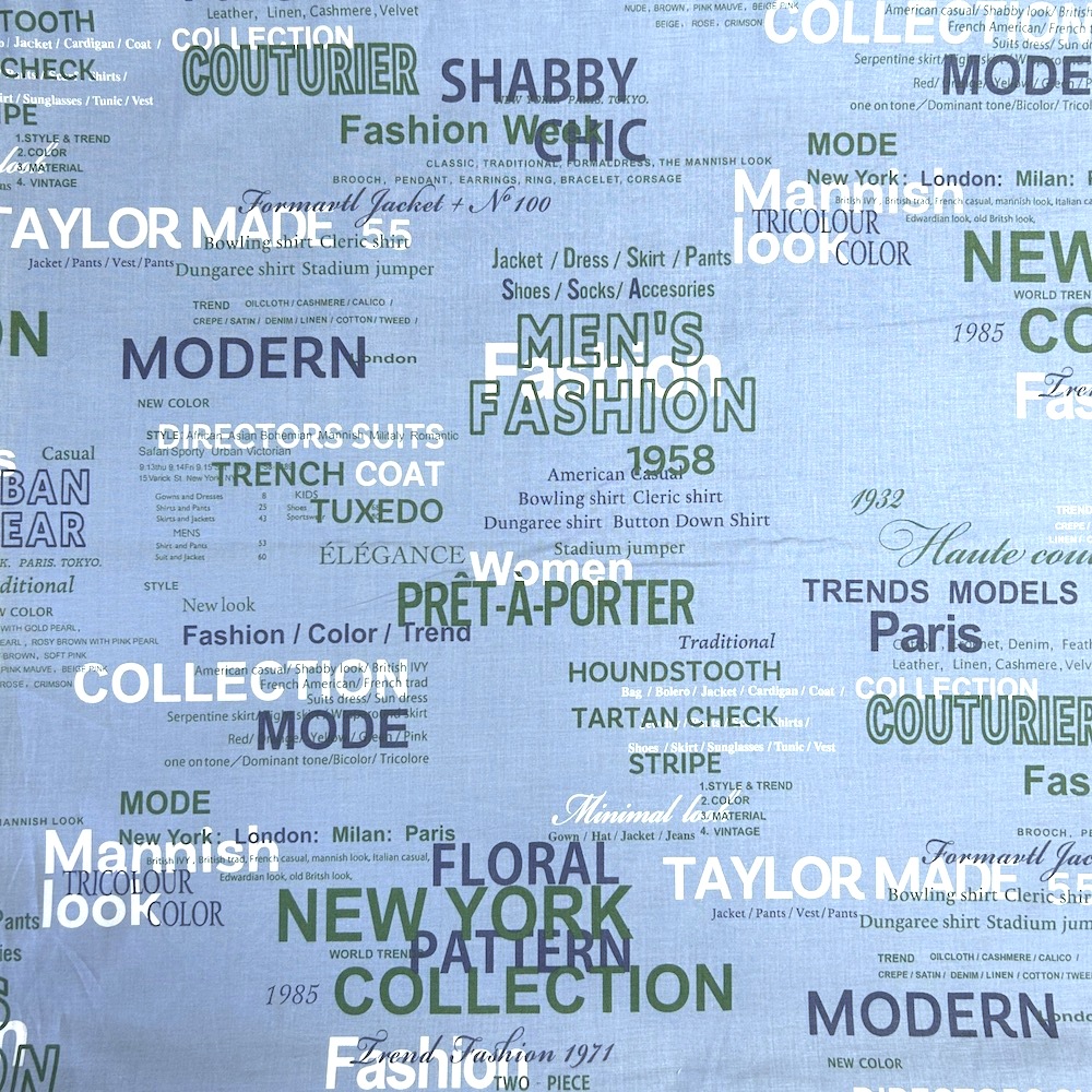 【小関鈴子先生デザインプリント布】英字 タイポグラフィデザイン 6色展開  ライトブルー系 (JKS-471）