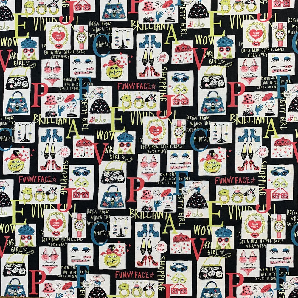 【国産生地】ミヤコカワグチ Miyako Kawaguchi レトロガール 英字・コスメ・アクセ柄生地  ブラック系（JOM-010）