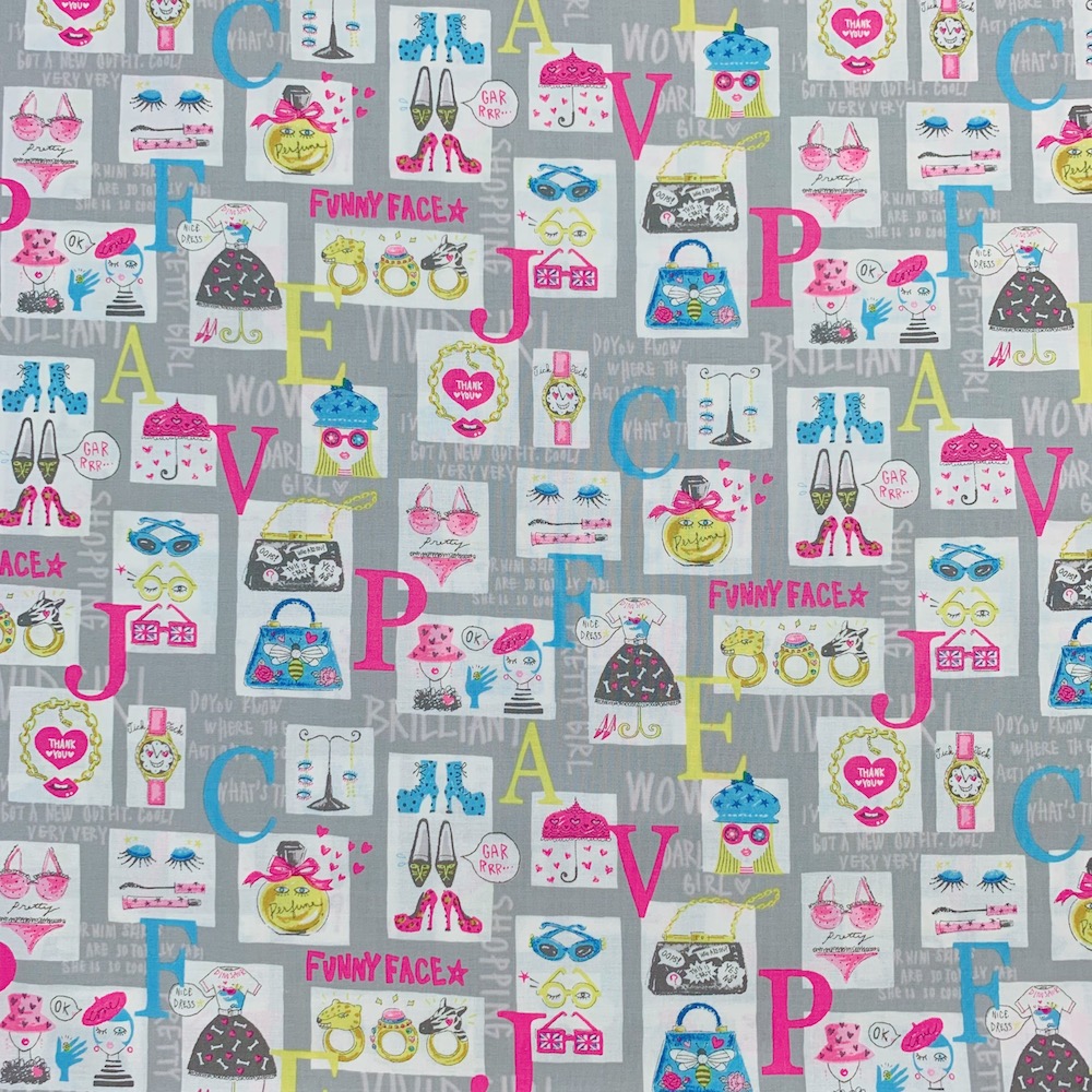 【国産生地】ミヤコカワグチ Miyako Kawaguchi レトロガール   英字・コスメ・アクセ柄   ライトグレー系 (JOM-013)