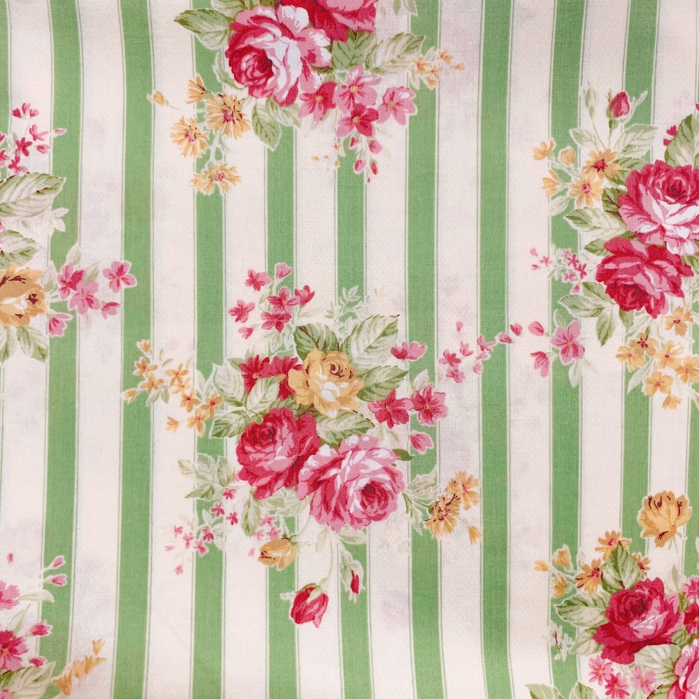 国産デザインプリント Jot 184 グリーン アイボリー系 ストライプ花柄生地