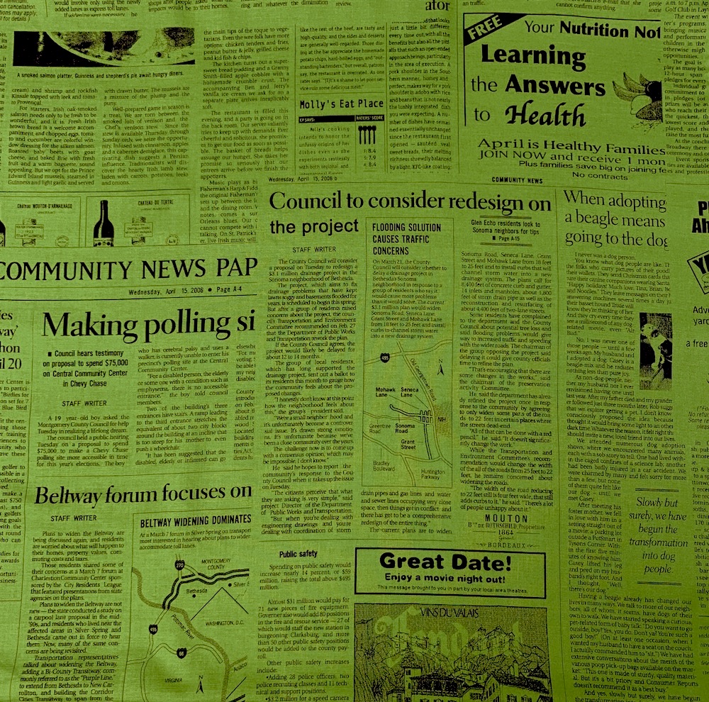 【国産プリント生地】　JOT-187　グリーン系　 英字新聞柄