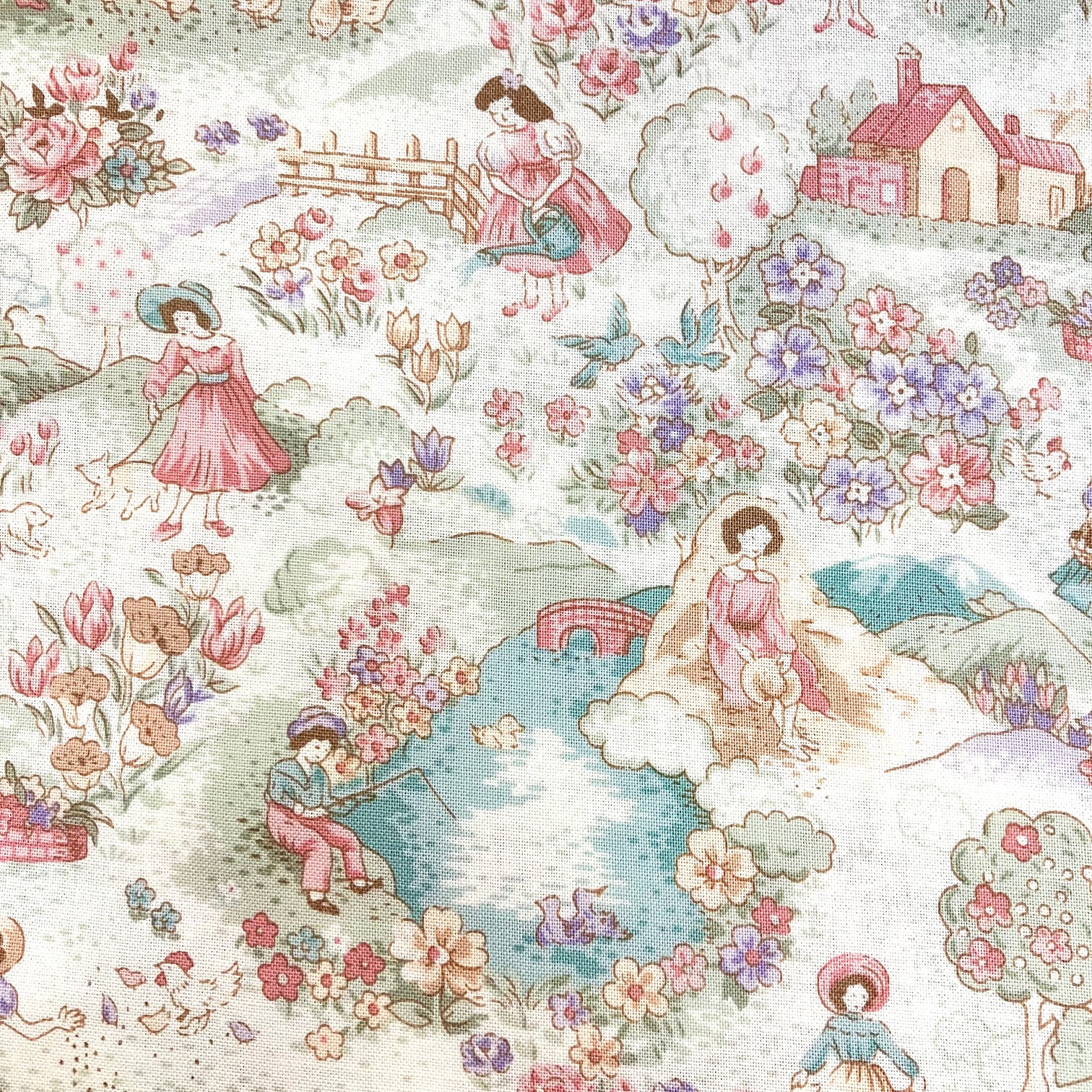 【国産デザインプリント】　JOT-203　白ベース系　 女の子/湖畔風景柄生地　50x110cm