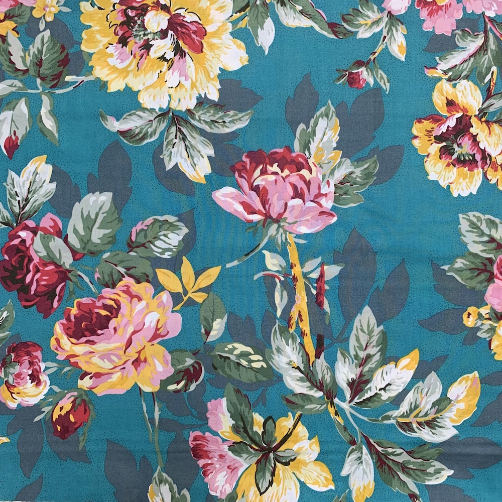 【国産プリント】JTK-001　ブルーグリーン系　 クラシカルな大柄フラワー