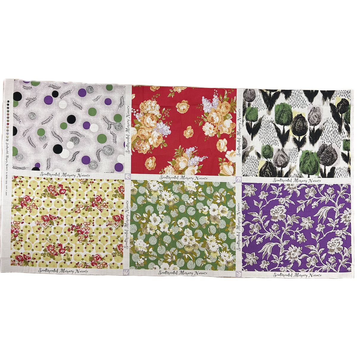 【国産生地】草木6柄が1枚のパネル生地に  花柄  ドット柄  パープル系  60×110cm(JTK-008)