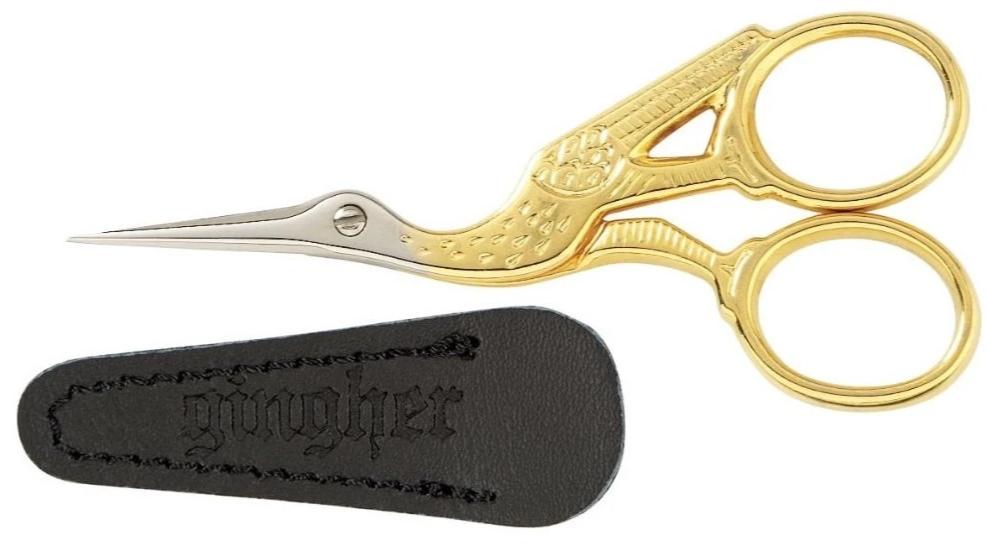 イタリア製【GINGHER/ギンガー】縫製 クラフト 刺繍 キルト 小型はさみ プロ愛用最高級の手芸用ハサミ　コウノトリデザイン 金色ゴールド   3.5インチ[ケース付き]Gingher Stork Embroidery Scissors (NOT-235)　