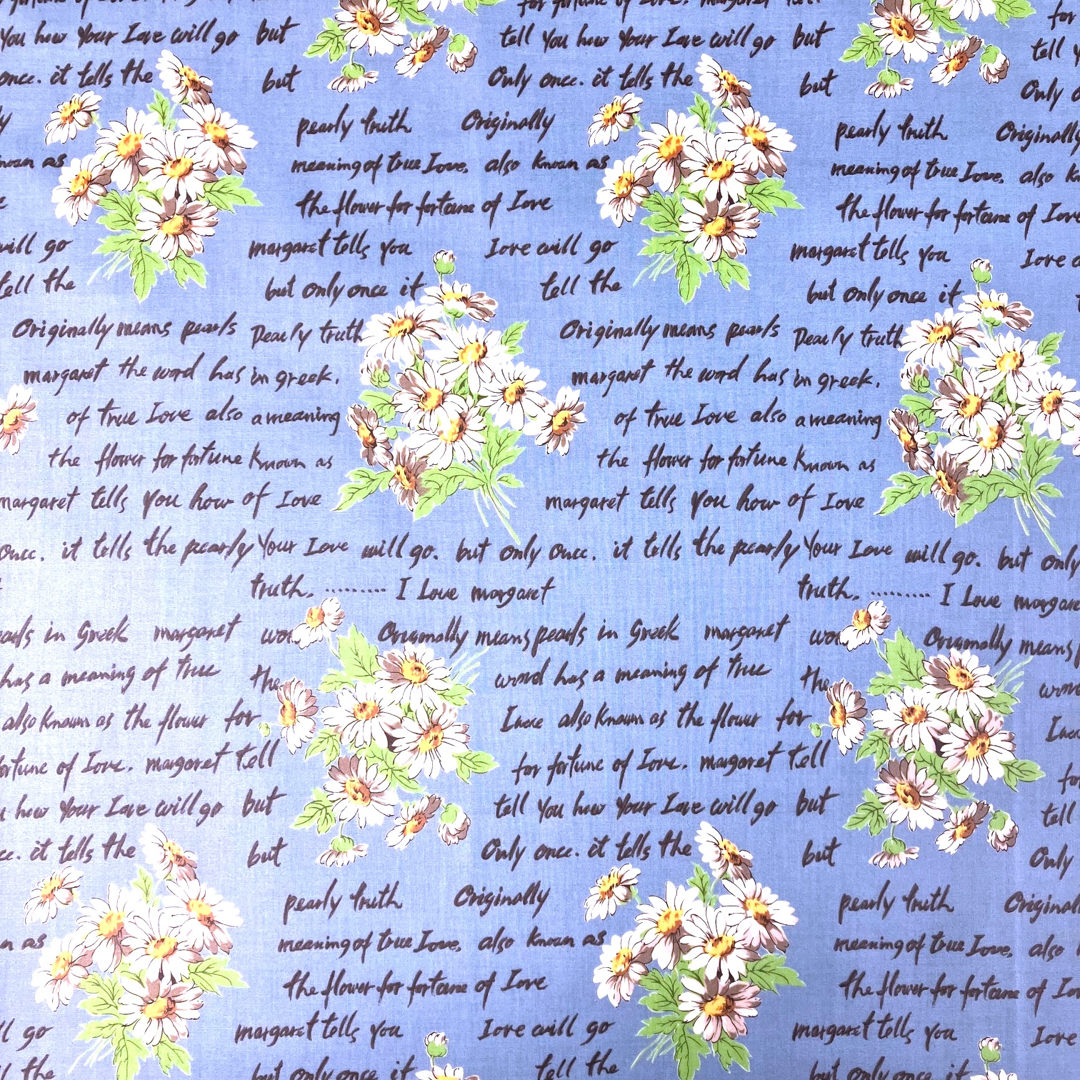 【小関鈴子】のラミネート加工（つや無）花・英字柄 ブルー 50x110cm -(RAMI-006)