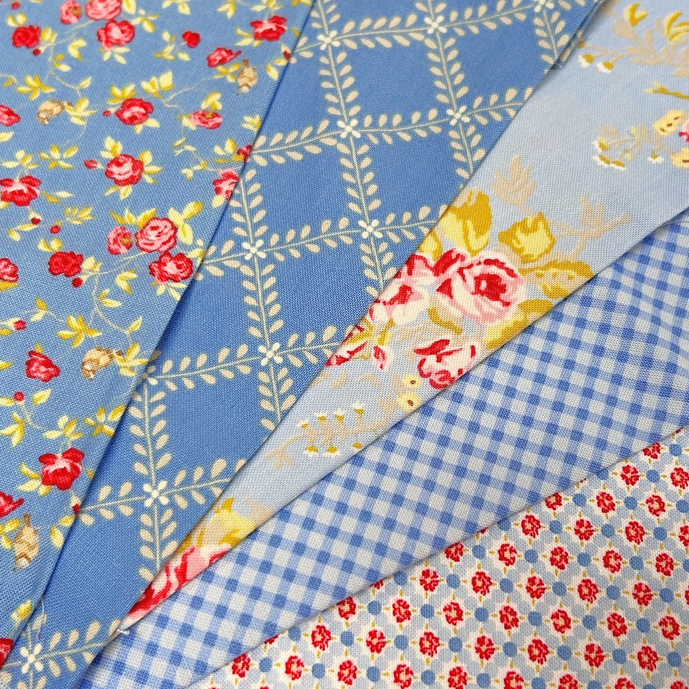 【USAコットン ブルー系】花柄  チェック柄  33 x 37cm カットクロス5枚セット(SE-BLUE001)