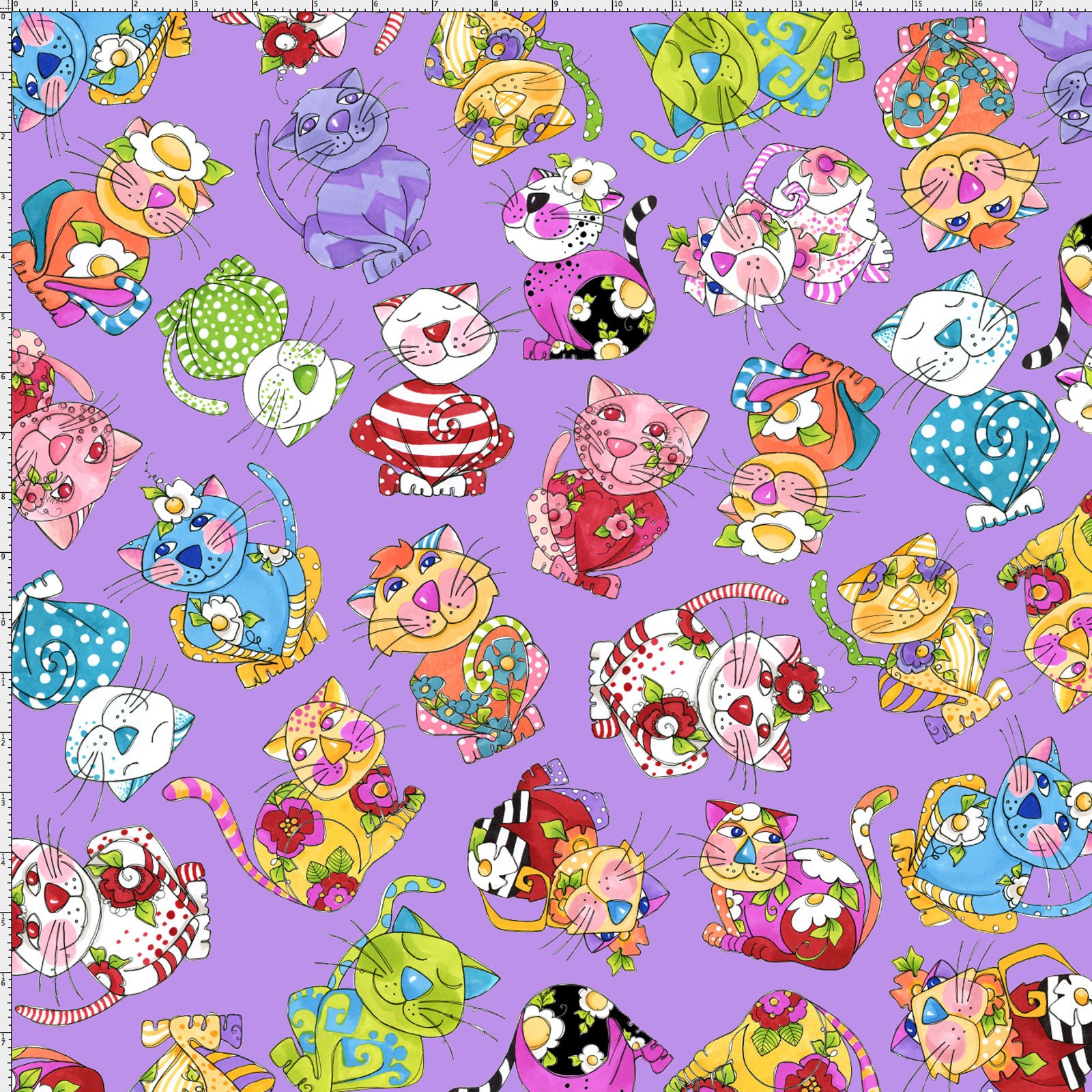 USAファブリック【Loralie Designs】ロラライハリス - Calico Toss Purple Fabric キャリコ トス パープル -(ULH-152)　猫柄  ネコ柄