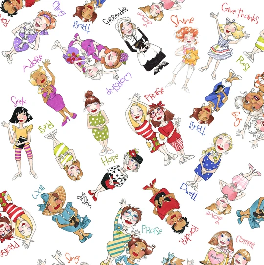 USAファブリック【Loralie Designs】ロラライハリス - Faithful Ladies Toss Fabric フェイスフルレディース  ホワイト系 ドレス 女の子 ストライプ柄(ULH-345)