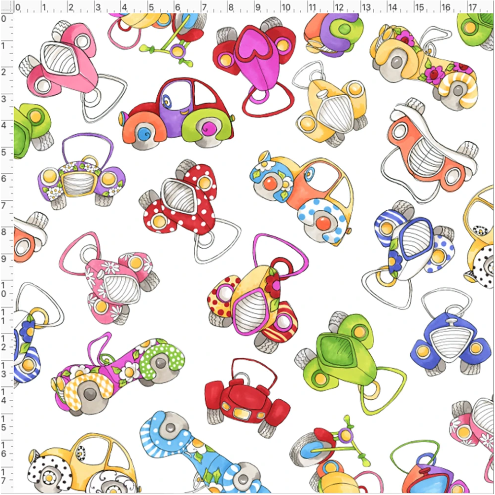 【Loralie Designs】- Car Toss White Fabric -カー トス ホワイト ファブリックULH-354)　車柄