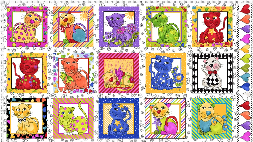 USAインポートファブリック【 Loralie Designs 】ロラライハリス  Cat Happy White Fabric Panel  ネコ柄  パネル生地(ULH-363)