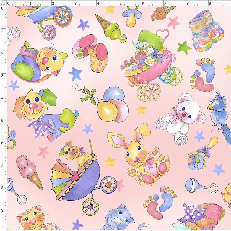 USAコットン【Loralie Designs】- Busy Baby Pink 星柄 動物柄 ネコ 鳥 ウサギ柄布地  海外布地 パステルカラー ピンク系 -(ULH-402)