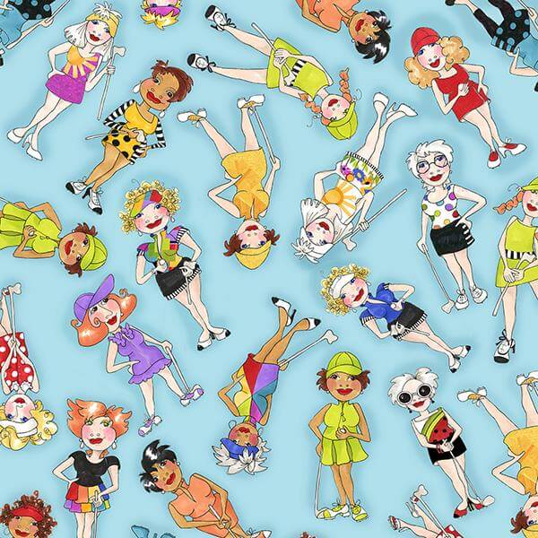 USAファブリック【Loralie Designs】Tossed Golfer Girls Turquoise  ロラライハリス  ゴルフ柄(ULH-279)