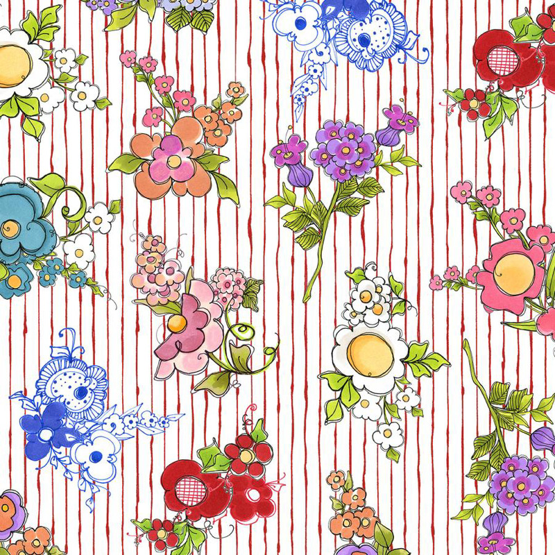 USAファブリック【Loralie Designs】ロラライハリス布地  - Mixed Bouquets Red  -  花柄  ストライプ柄(ULH-305)