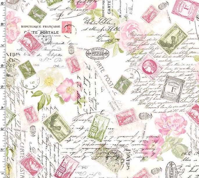 【USAコットン】クラシカルな英字 切手 花柄 (UOTS-025) ピンク系