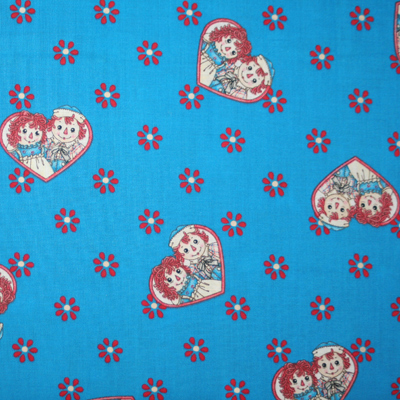 【USAコットン】ラガディアン&アンディ生地　Raggedy Ann & Andy ブルー系 ハート柄  (URA-004)