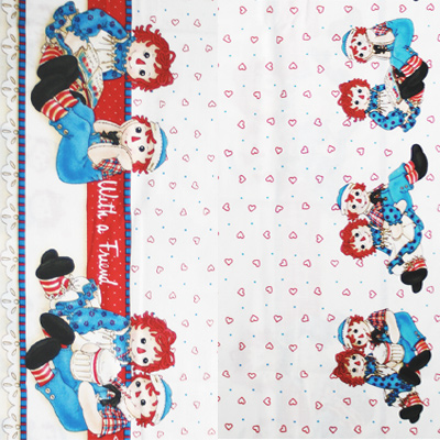 【USAコットン】輸入生地  ラガディアン&アンディ 大判生地  Raggedy Ann & Andy  ハート柄  サイドパターンデザイン  ホワイト系 (URA-007m)