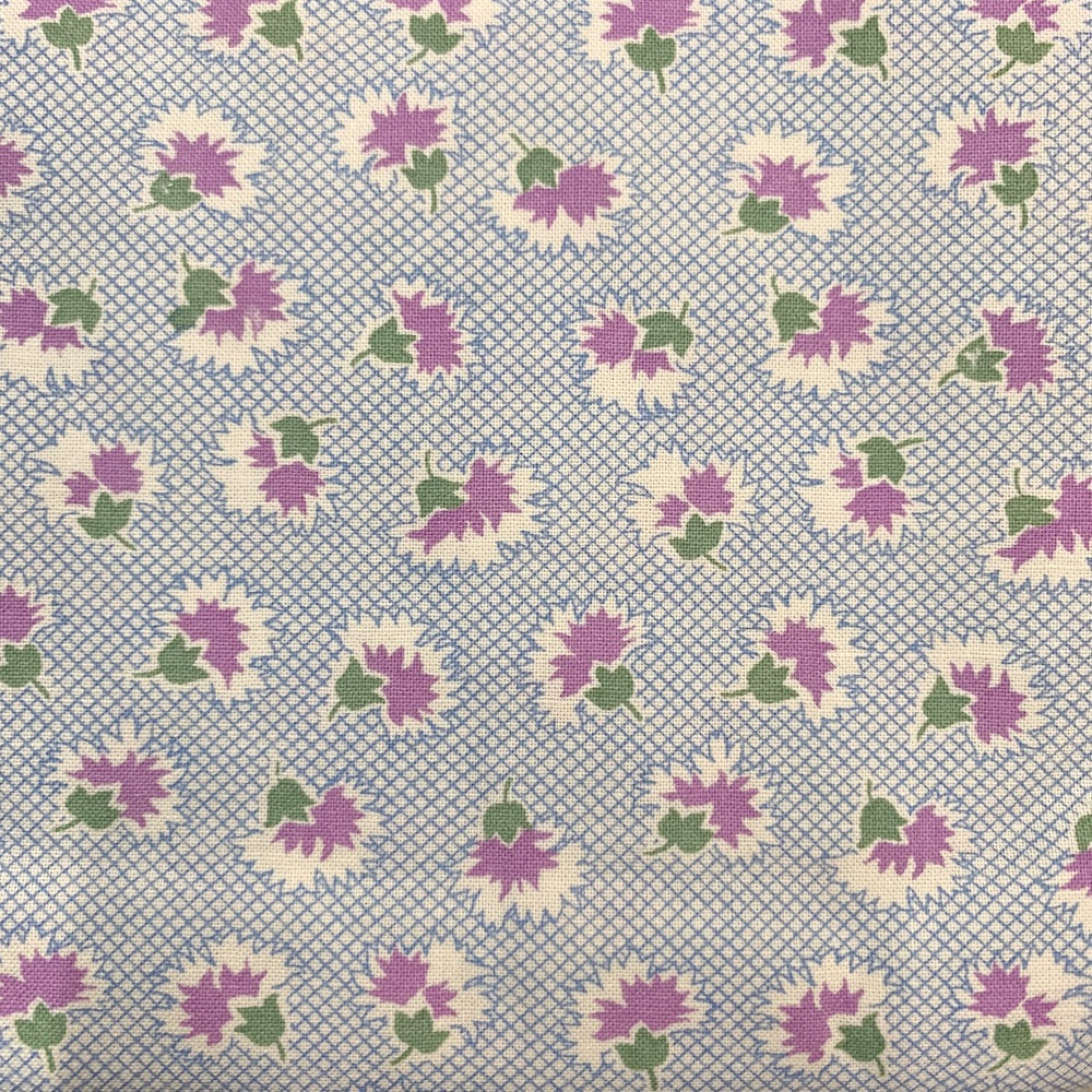 希少　USA輸入【サーティーズ（1930年代の復刻版生地）】レトロ花柄　チェック柄　ブルー系  UTH-215  50×55cmサイズのみ