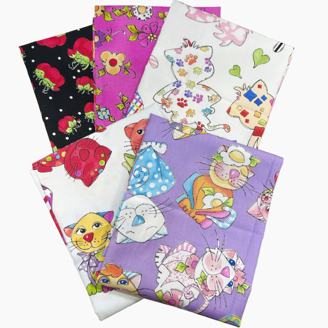 【USAコットン  猫柄 花柄 】50×55cm  5枚で通常￥2750の所を1100円の大幅値引き！数量限定お得なロラライハリス生地5枚セット（COS-012）