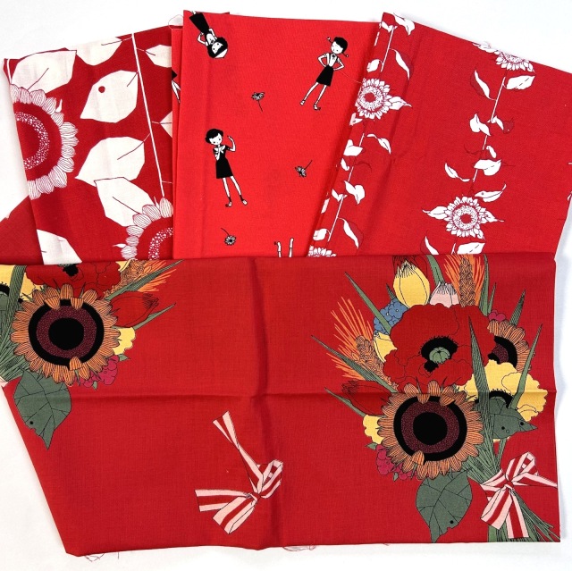 【プライスダウン！】【中原淳一  -ひまわりや-   国産生地  昭和レトロデザイン生地のセット】50×55cmサイズ3枚と50×110cmサイズ1枚 　数量限定   花柄  ストライプ レッド系（COS-027）