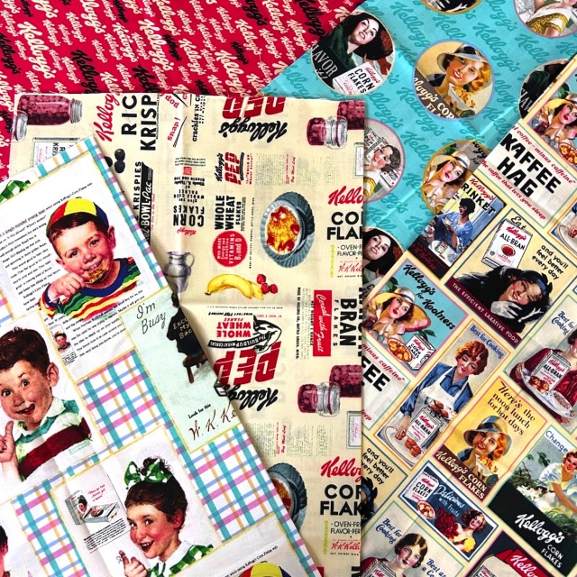 《数量限定》USAコットン【ケロッグ  KELLOGGS】オールドアメリカン ポスター広告コラージュ生地   英字  50×55cm5柄5枚セット (COS-045）
